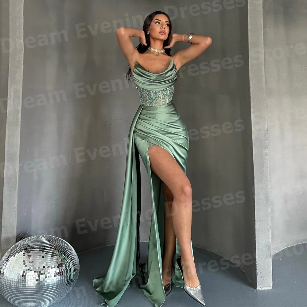 Sexy Mermaid Women's Evening Dresses Customized Vestidos Para Fiesta De Lujo Prom Gowns Strapless Split Beaded Robe De Soirée