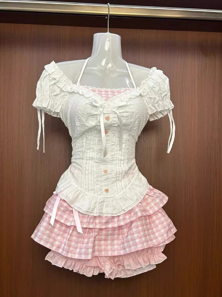 

Sweet Elegant Women 2 Piece Set Fashion Plaid Splice Y2k Tops + Design Puffy Skirt Harajuku Female Korean Popular Chic Outfits