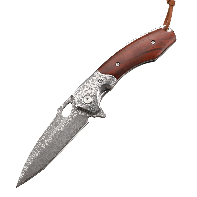 

Yellow sandalwood handle Damascus steel folding fruit knife Outdoor equipment Fishing survival camping EDC knife