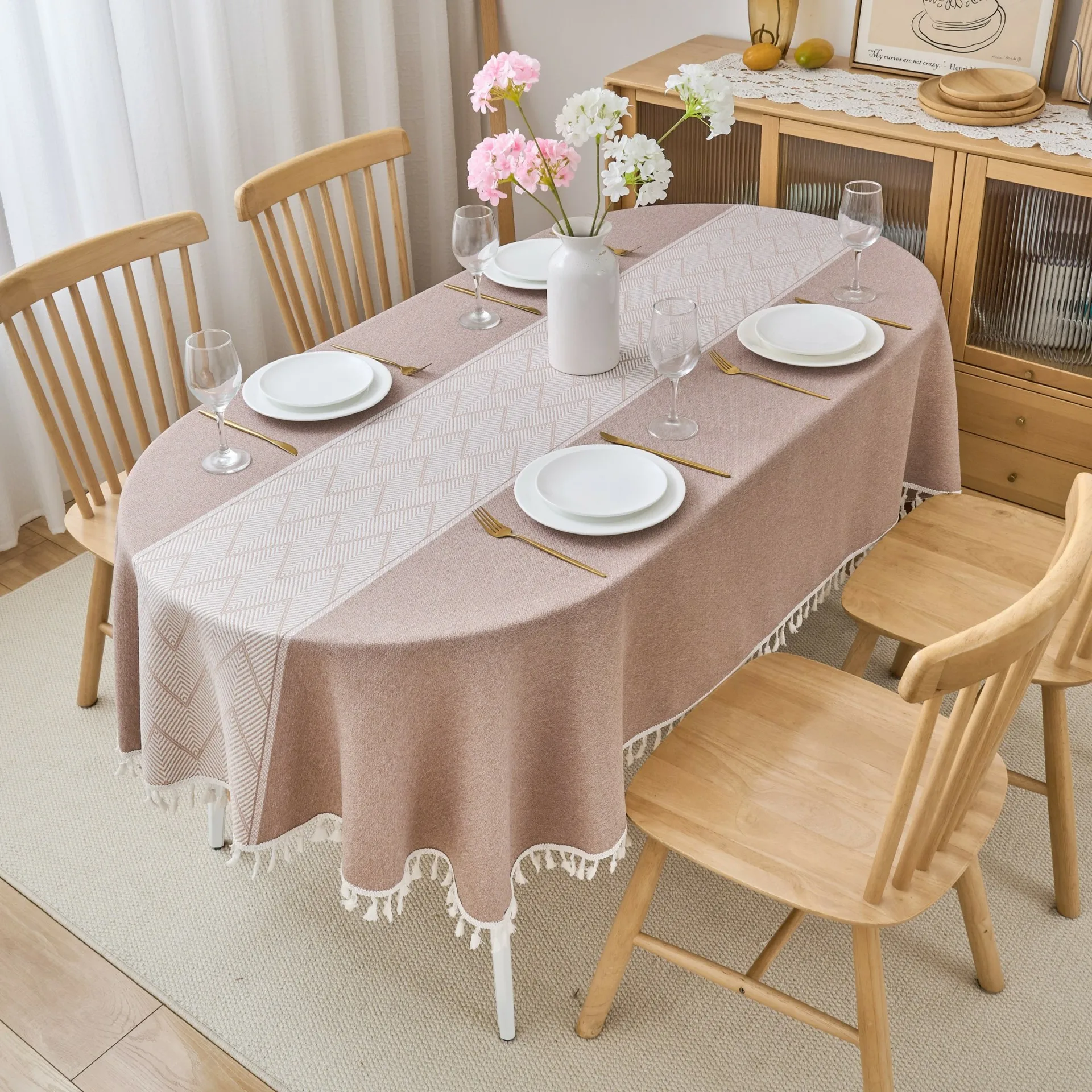 

1pc Coffee Wave Stripe Jacquard Tablecloth - Oval Tasseled Kitchen Dining Decor, Rustic Retro Style for Restaurant & Living Room