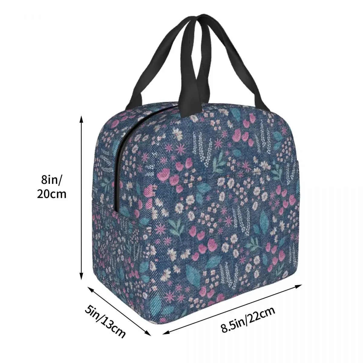 Denim Textures With Flower Pattern Lunch Bags Portable Insulated Oxford Cooler Thermal Cold Food Picnic Lunch Box for Women Girl