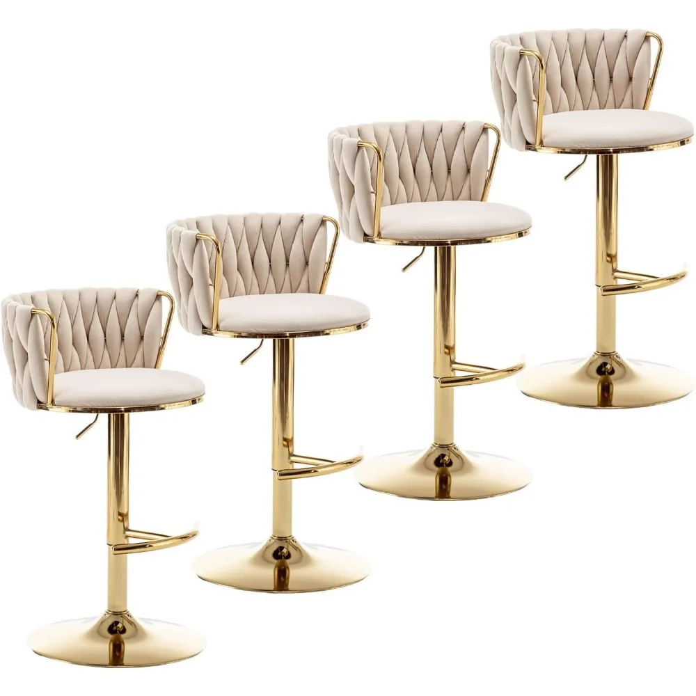 Gold Velvet Café Chairs Set of 4, Swivel Counter Height with Back, Adjustable Woven Barstools for Kitchen Island,Café Chairs