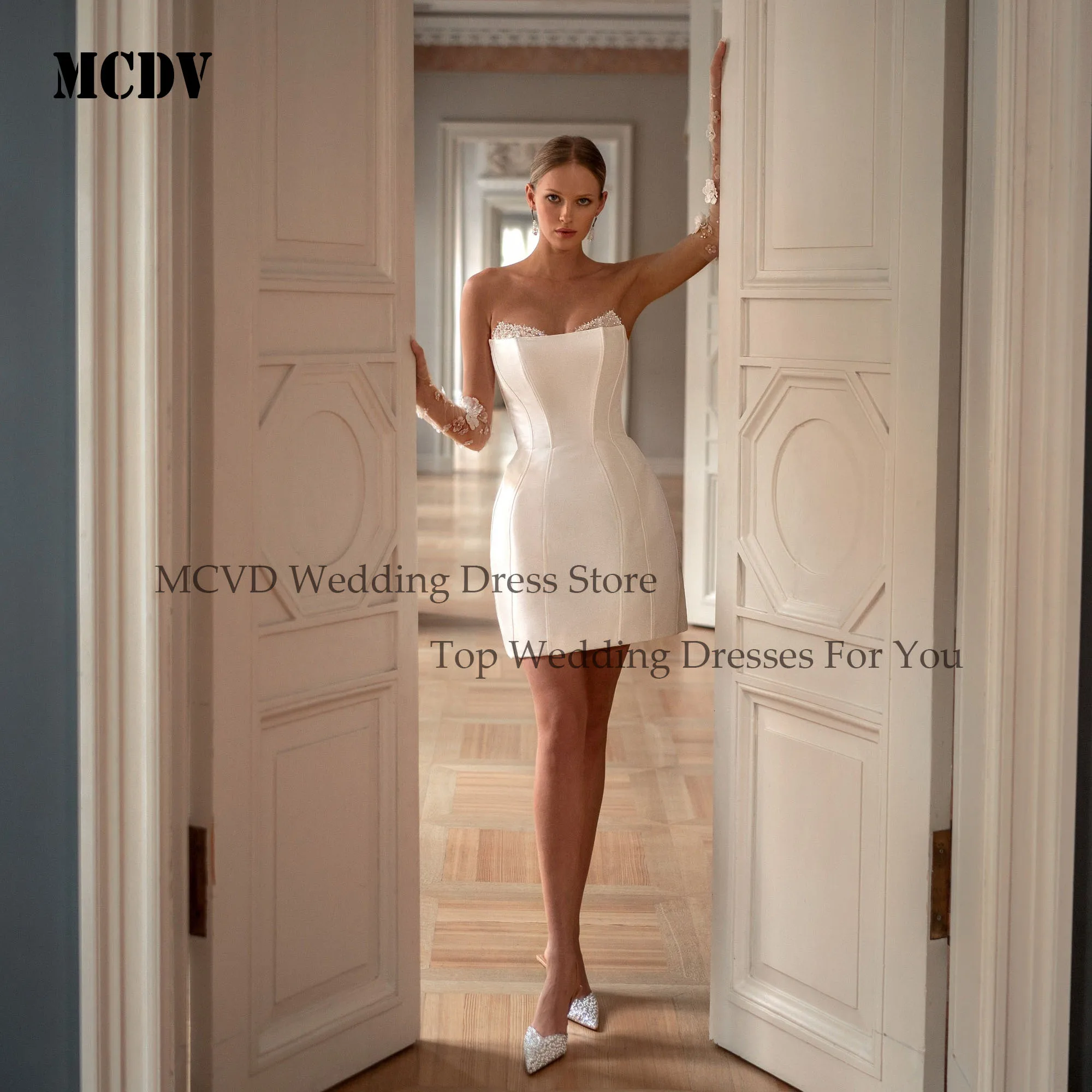 

MCDV Mini Satin Wedding Dresses 2025 Sleeveless Sheath Above Knee Bride Gowns For Women Short vestidos de novia Customized