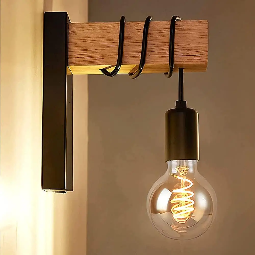 E27 Wooden Adjustable Hanging Wall Lighting Fixture Vintage Industrial Wall Lamp Retro Sconce Wall Mount Beside Living Room Lamp