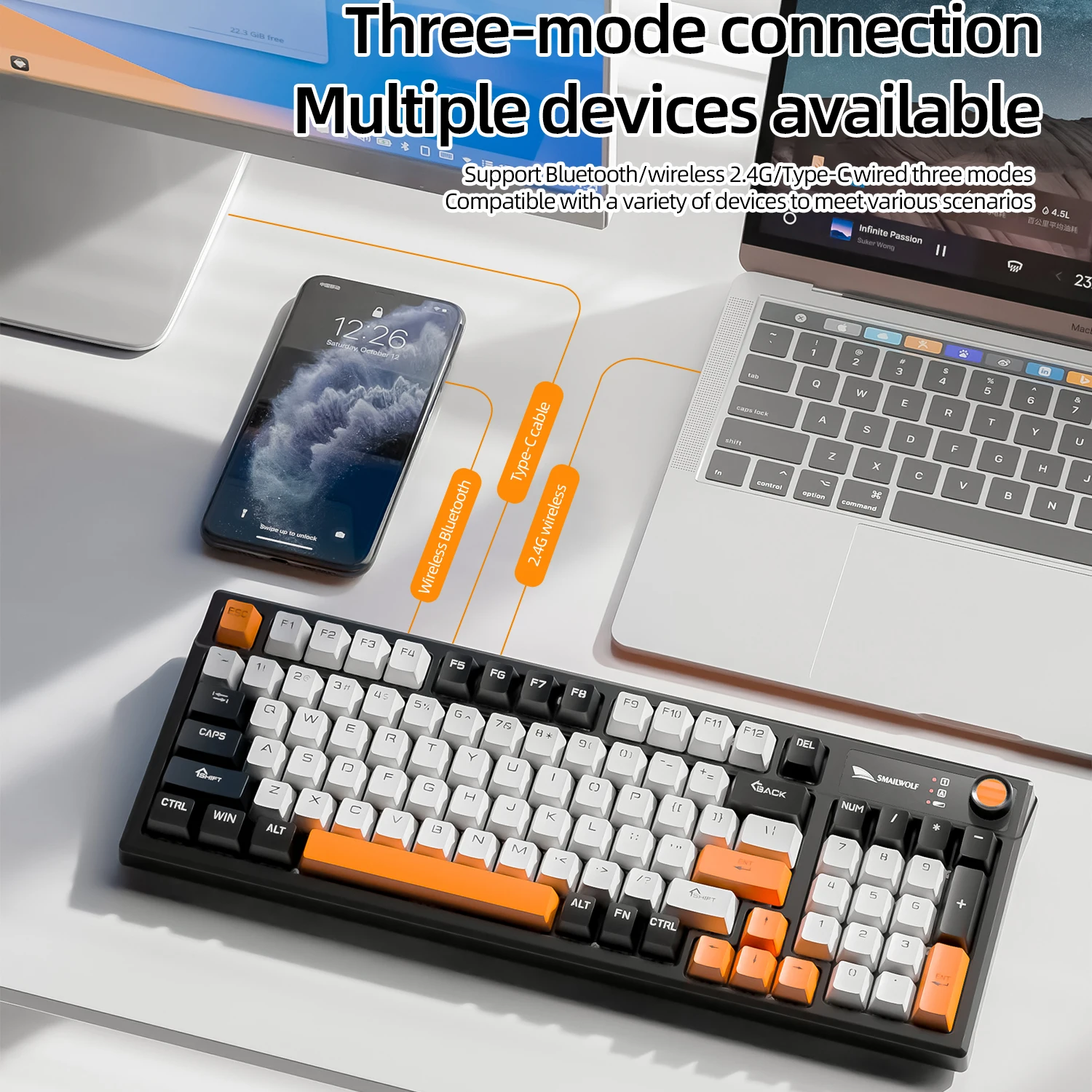 

Smailwolf MK95 Беспроводная механическая клавиатура Bluetooth с тремя режимами, зеленая ось, полная клавиша с горячей заменой, клавиатура для киберспортивных игр