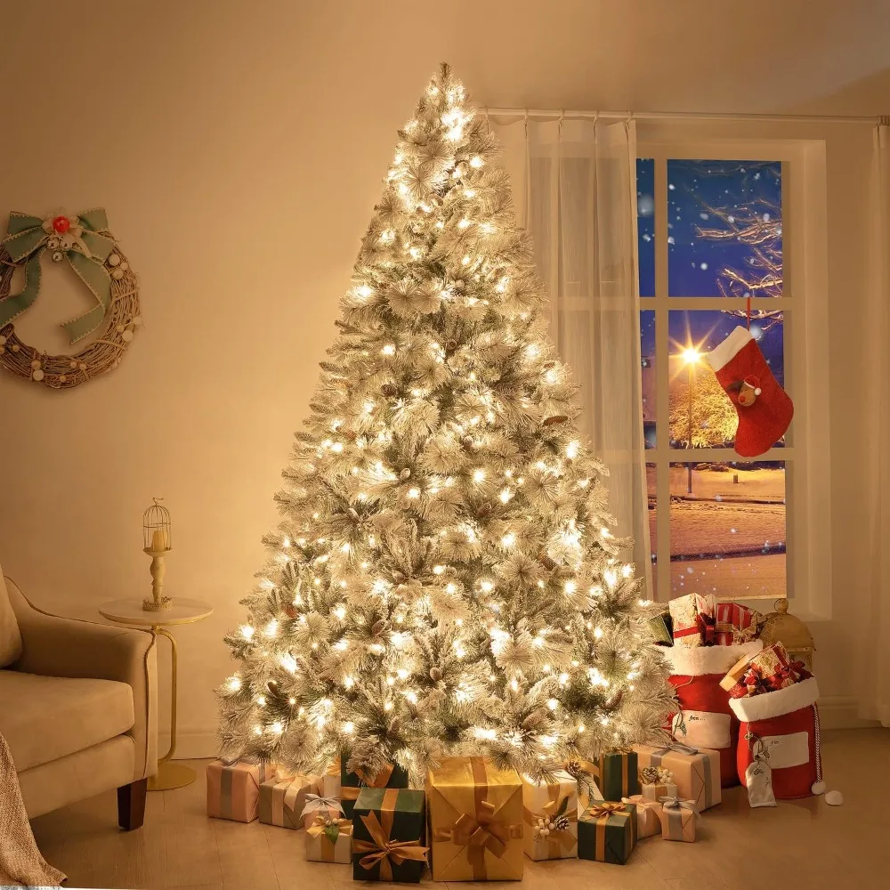 Christmas Tree 7.5ft, Frosted Prelit Artificial Christmas Tree with Pine Cones, 1556 Branch Tips, 750 Warm Lights & Metal Stand