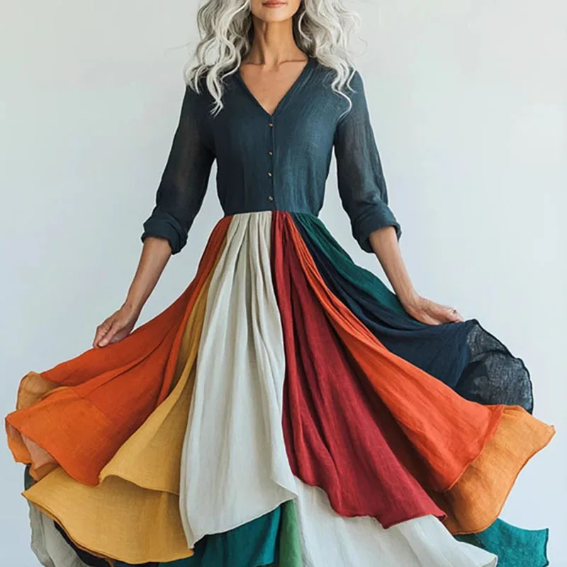 Robes Woman Contrast Mesh Pleated Long Dress Sexy V Neck High Waist Swing Party Dress Spring Long Sleeve Holiday Boho Maxi Dress