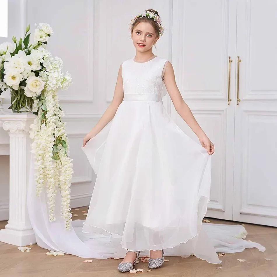 

White Bridesmaids Party Girl Dress Elegant Flower Wedding Princess Prom Gown Kids First Communion Birthday Baptism Dress ASQ03