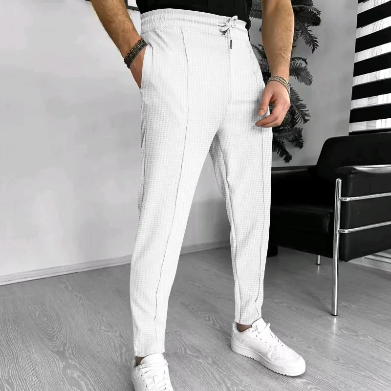 Pantalones deportivos a cuadros con cordón para hombre, Pantalones rectos sueltos informales, pantalones de chándal ajustados elásticos con cordón