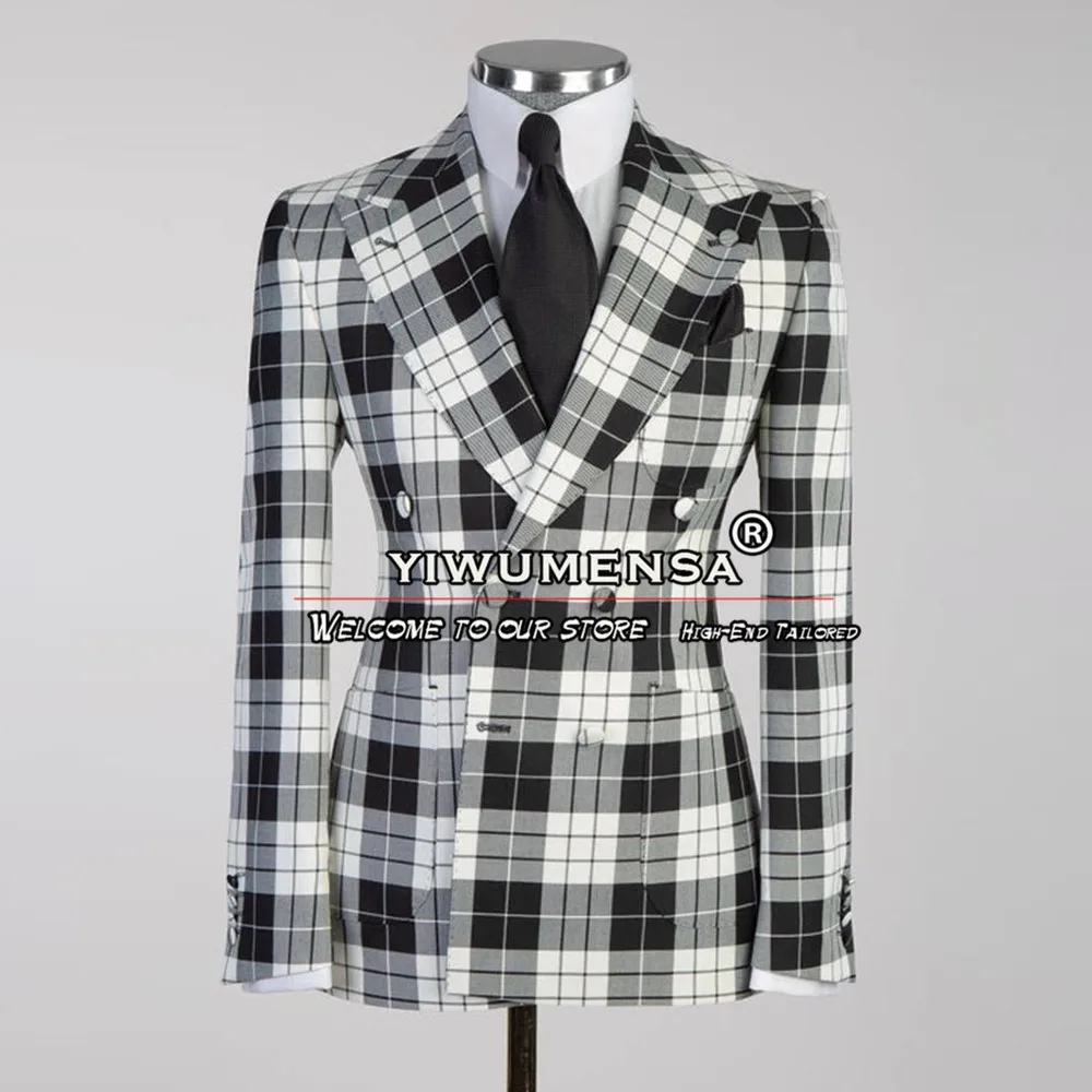 

Man Plaid Check Suits Groom Wear Double Breasted Blazer Tailore Made Men's Wedding Tuxedos Formal Business Banquet Prom Clothing