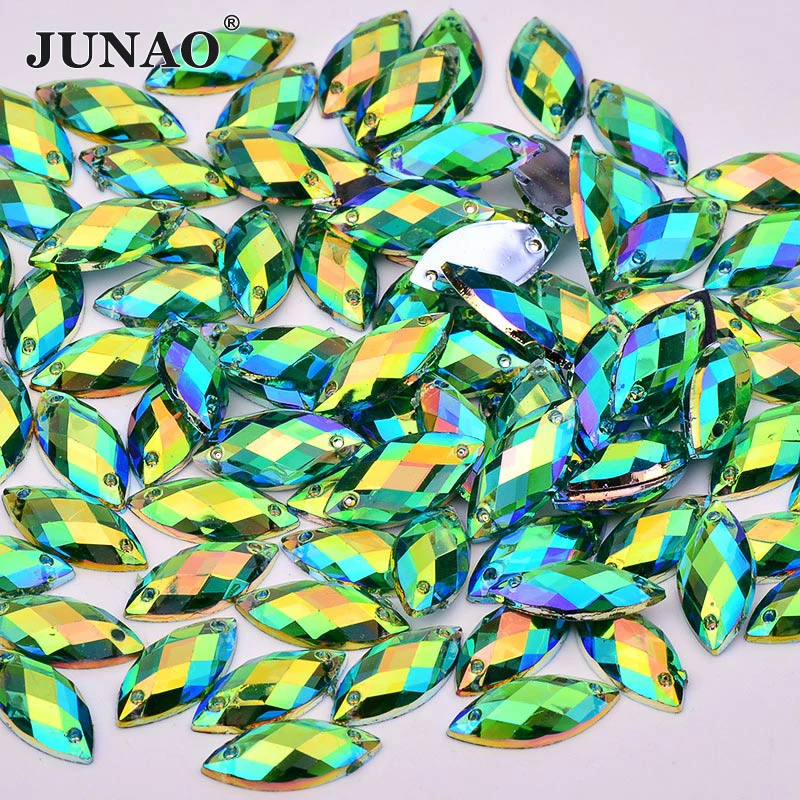 JUNAO 500Pcs 7*15mm Sewing Aquamarine AB Horse Eye Acrylic Rhinestones Leaf Shape Flat Back Strass Stone For Women Dress