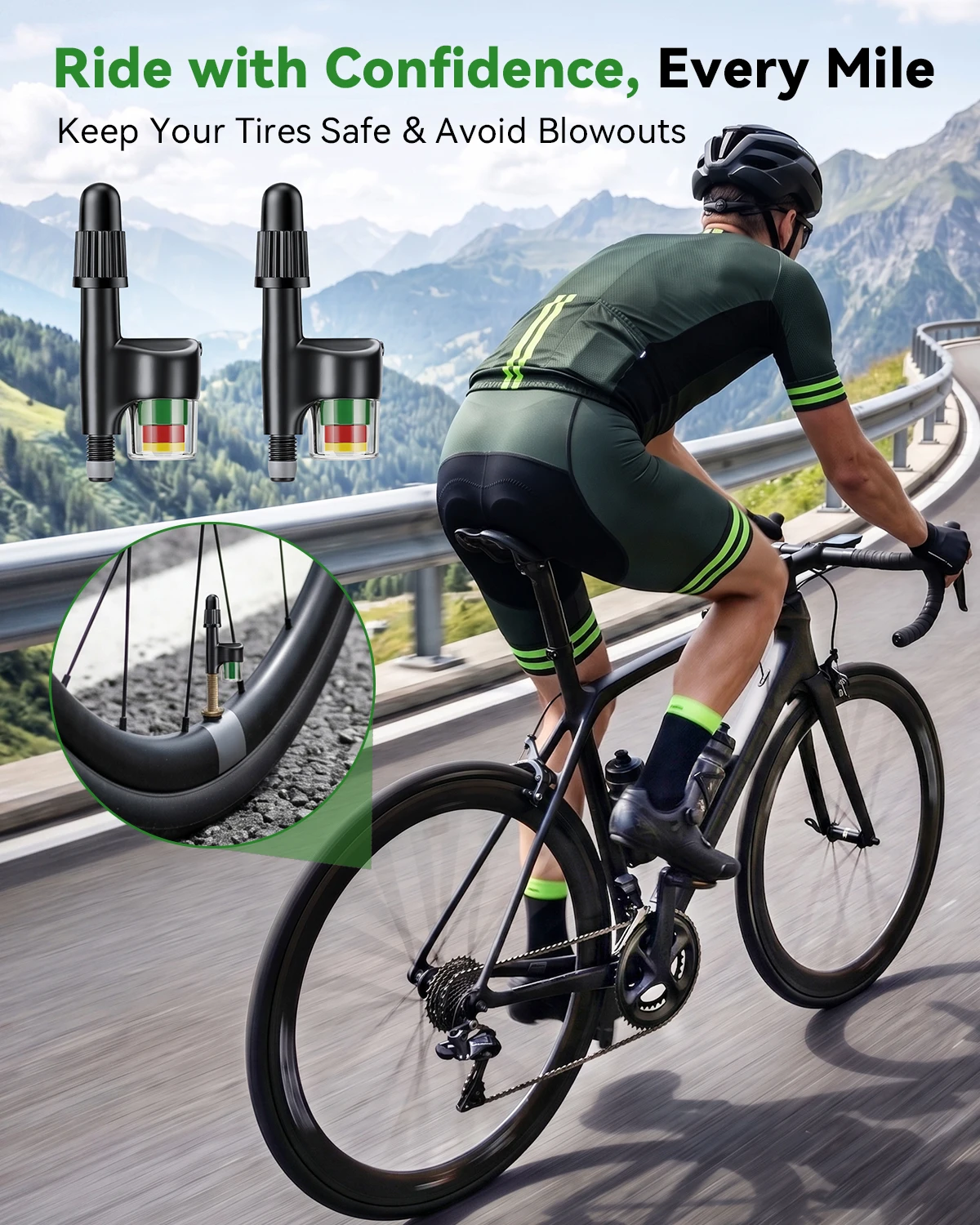2Pcs Bicycle Tire Pressure Monitor Presta Valve Real‑Time 3‑Color Alert Sensor 100PSI Road Bike Tire Pressure Gauge Valve Core
