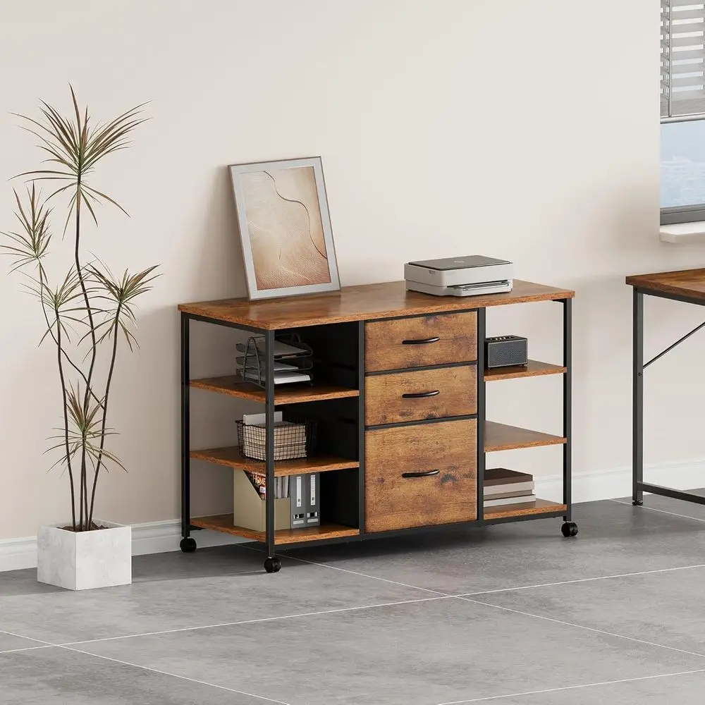 خزانة ملفات جانبية من القماش ذات 3 أدراج مع حامل طابعة دوارة، بني ريفي للمكتب المنزلي #2