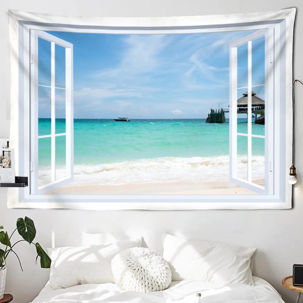 3D Simulation Window Beach Scenery Tapestry Living Room Home Background Hanging Cloth Wall Decoration TAPIZ