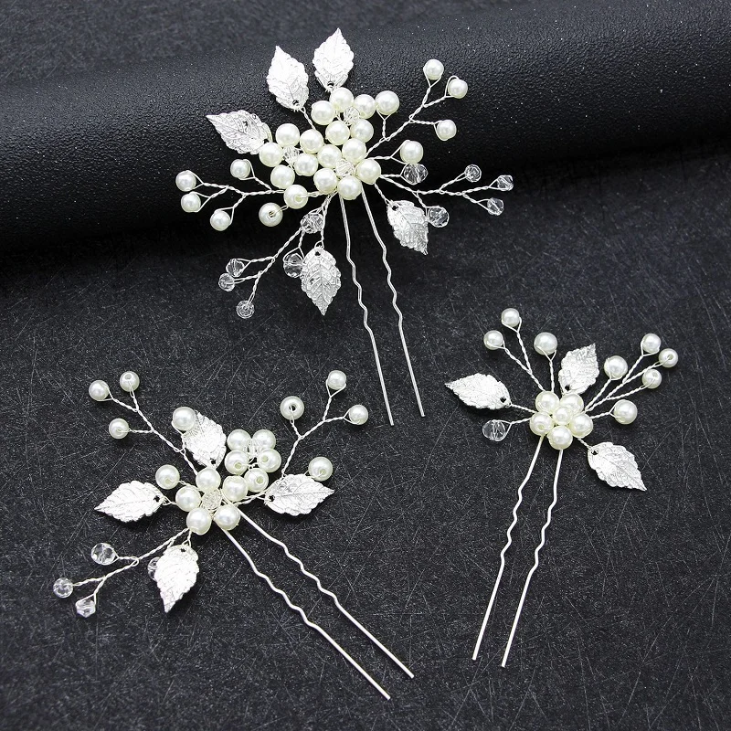 Pearl Flower Hairpin Gold Color Leaf Shaped Alloy Tiaras Wedding Bride Insert Hair Clips Hair Jewelry Accessories Bride Headwear