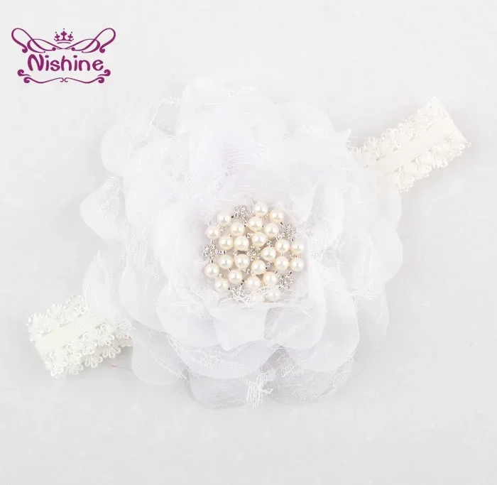 1PCS Cute Lace Chiffon Flower with Pearl Rhinestone Button Center Elastic Kids Girls Headband Party Birthday Gift Headwear