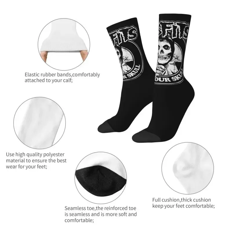 Fashion Print Misfits Skull Socks for Men Women Stretch Summer Autumn Winter Punk Rock Music Crew Sock Breathable Sports Socks