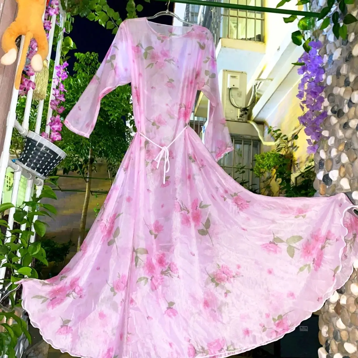 

Sexy See Through Women Floral Mesh Long Dress Loose Night Dress Plus Size Sleeping Robe