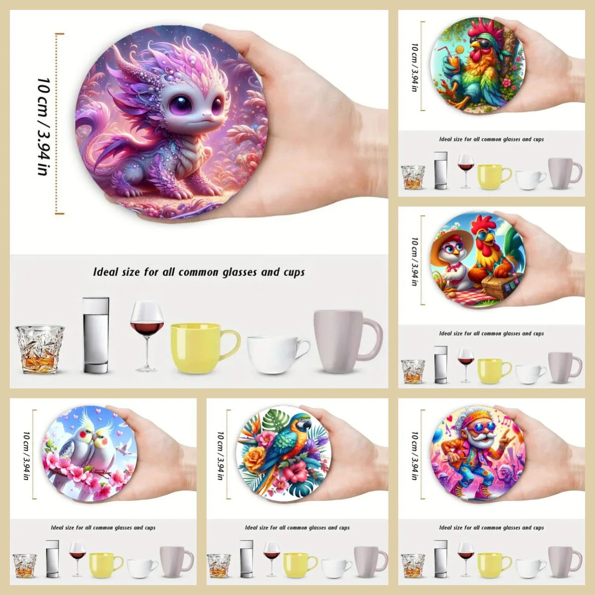 4 wooden animal print patterned anti-slip and heat-insulating coasters, suitable for kitchen and office festival gifts