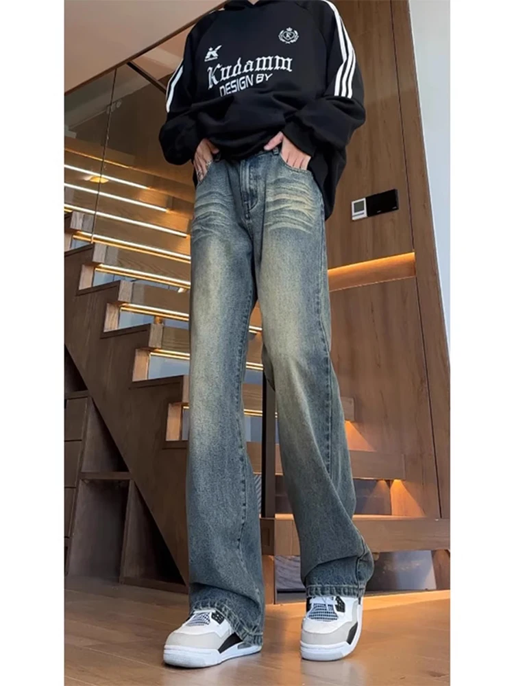 

High Waist Bell Bottom Fleece Lined Men's Jeans Slim Straight Leg Trousers Autumn Winter Fashion Youth Wear Distressed Denim