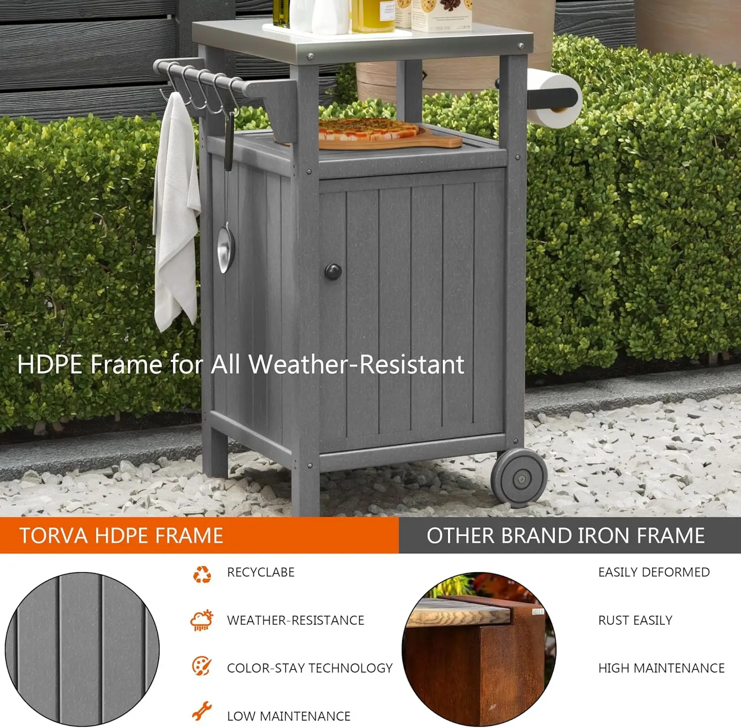 Carrito de Parrilla portátil para exteriores con almacenamiento, gabinete exterior impermeable para parrilla de Patio, mesa de acero inoxidable para exteriores