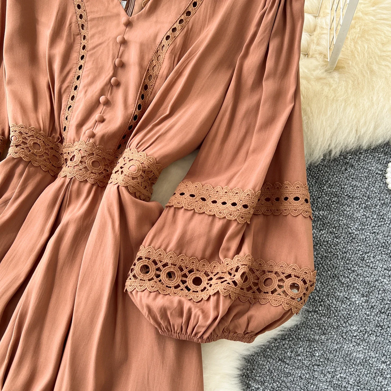 Chic Korean Hollow Out Lace Spliced Sexy V-neck Long Lantern Sleeve Slim Dress Vintage Women High Street Autumn Winter Clothing