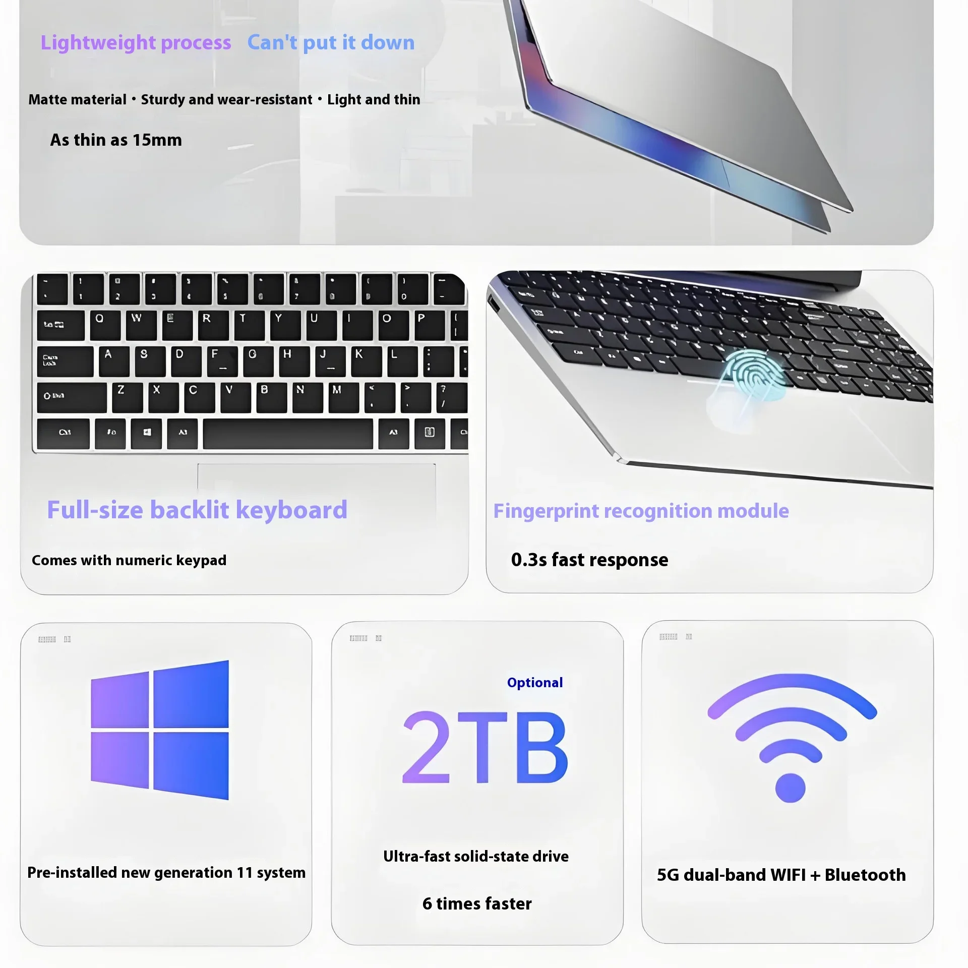 كمبيوتر محمول بشاشة IPS مقاس 15.6 بوصة مع وحدة معالجة الرسومات 6G للجيب USB3.0*1 التعرف على بصمات الأصابع 2.4G/5.0G كمبيوتر لاسلكي واي فاي BT #2