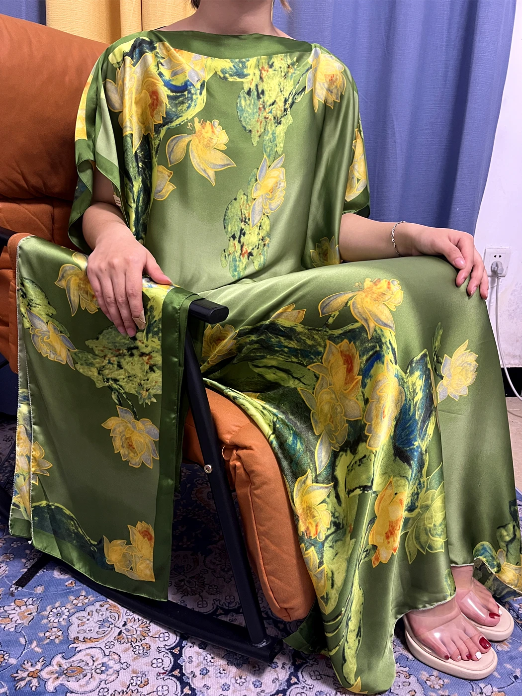 Abayas For Women 2023 Muslim Fashion Printed Floral Green Silk Loose Femme Robe African Nigeria Soft Summer Dresses With Turban