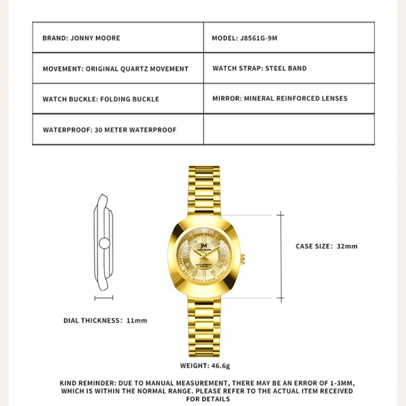 JONNY MOORE 8561 ساعة كوارتز ذهبية عصرية للنساء مع تصميم تاريخ تلقائي ساعات رائعة بحزام فولاذي للنساء Reloj Mujer