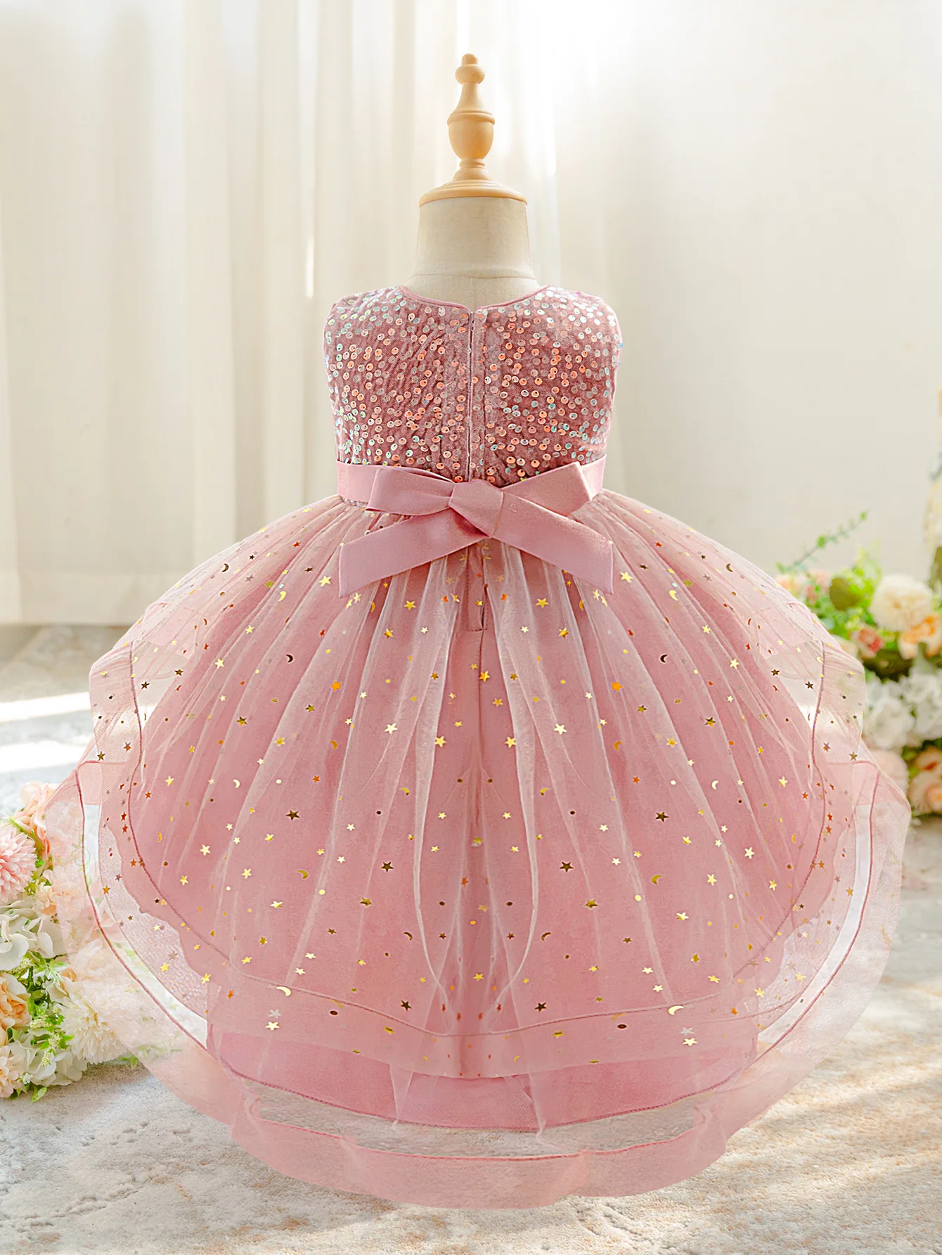 Elegant Star Sequin Party Baby Girls Dress Trailing Tulle 1st Birthday Wedding Prom Princess Dresses Bow Bridesmaid Kids Clothes