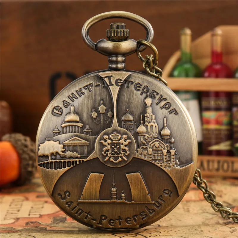 

Steampunk Style St. Petersburg Design Analog Quartz Pocket Watch for Men Women with Necklace Chain Arabic Number Clock