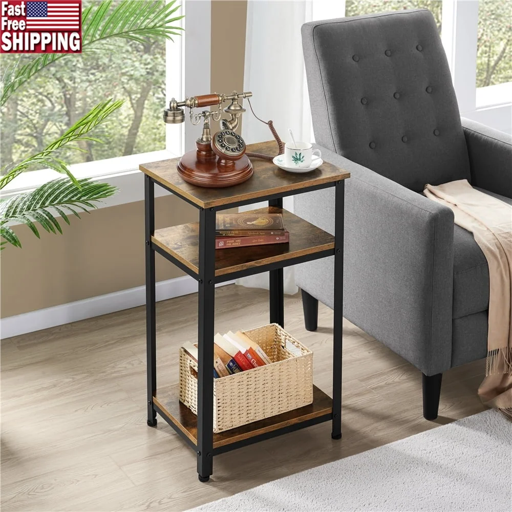 

3-Tier Wooden End Table with Metal Frame Living Room Rustic Charm Ideal Sofa Desk or Hallway Storage