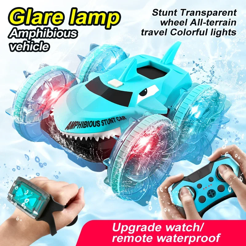 

2024 new hot selling light amphibious stunt remote control car waterproof car double-sided driving shark children's toys