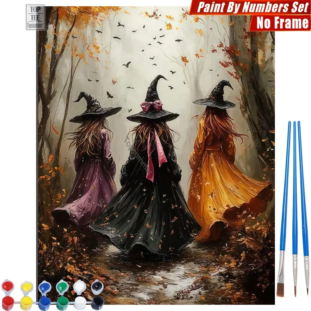 Set de pintura por números Bosque de las Tres Brujas - Arte de pared para sala de estar con sombreros de brujas y otoño, regalo de Halloween para hijo