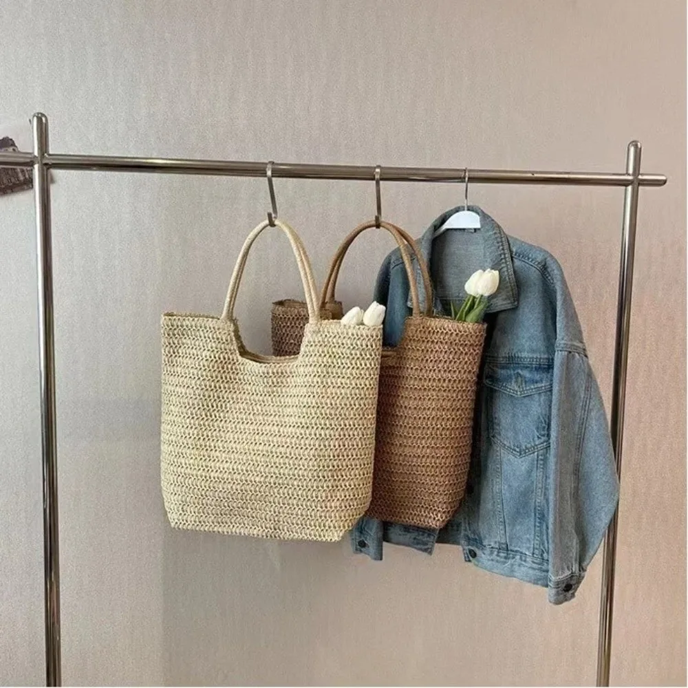 Portable Straw Tote Bag Large Capacity Solid Color