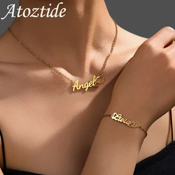 Atoztide Personalized Custom Name Necklace Bracelet Set for Women Link Chain Heart Stainless Steel Fashion Birthday Jewelry Gift