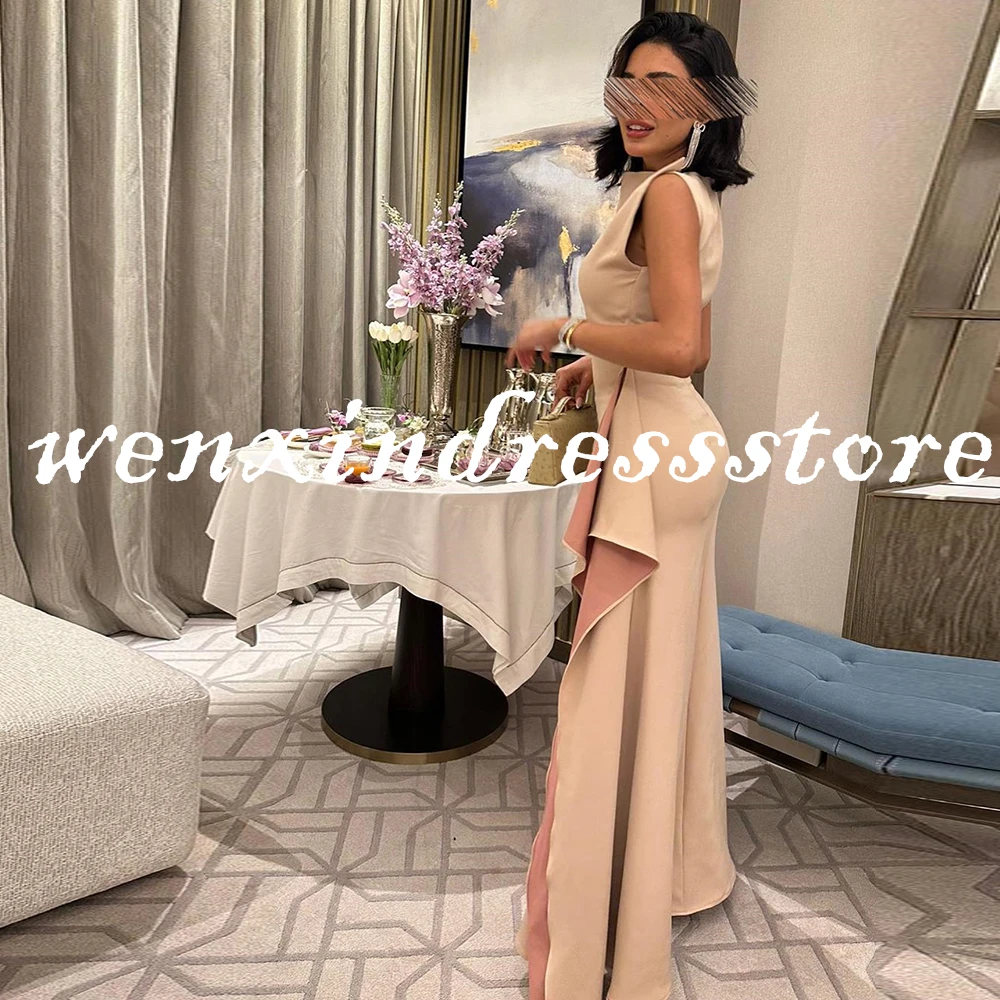 Women Saudi Arabia Modern Straight Floor length High Neckline Chiffon Sleeveless Evening Dress Prom Gowns Pleats Asymmetrical