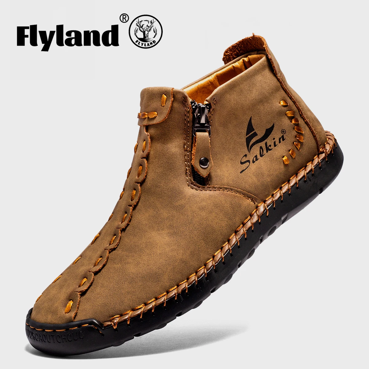 FLYLAND-Botines informales para hombre, botas Vintage con costuras a mano, suaves, para conducir y caminar