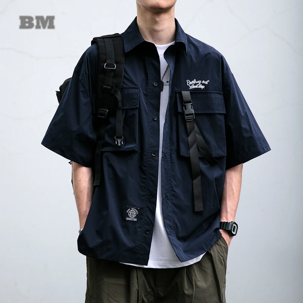 

Japanese Vintage Cargo Shirt Men Summer Casual Streetwear Short Sleeve High Quality Harajuku 3D Utility Pockets Navy Blue Top