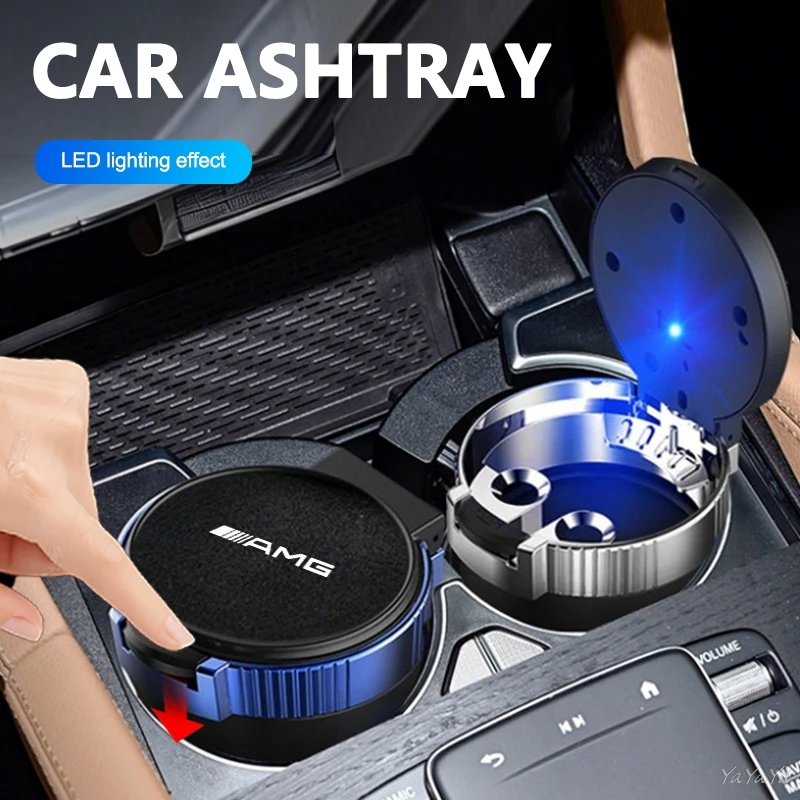 

Suede Car Ashtray With Lid LED Light Portable Auto Accessories For Mercedes Benz AMG W212 W204 W211 W213 W205 W210 W124 Stickers
