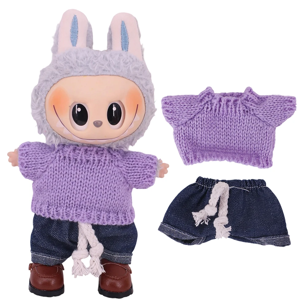 Mini vêtements de poupée Labubu en peluche, pull de couleur unie, petits vêtements mignons, jeans assortis à la main et Labubus, tenues originales pour enfants