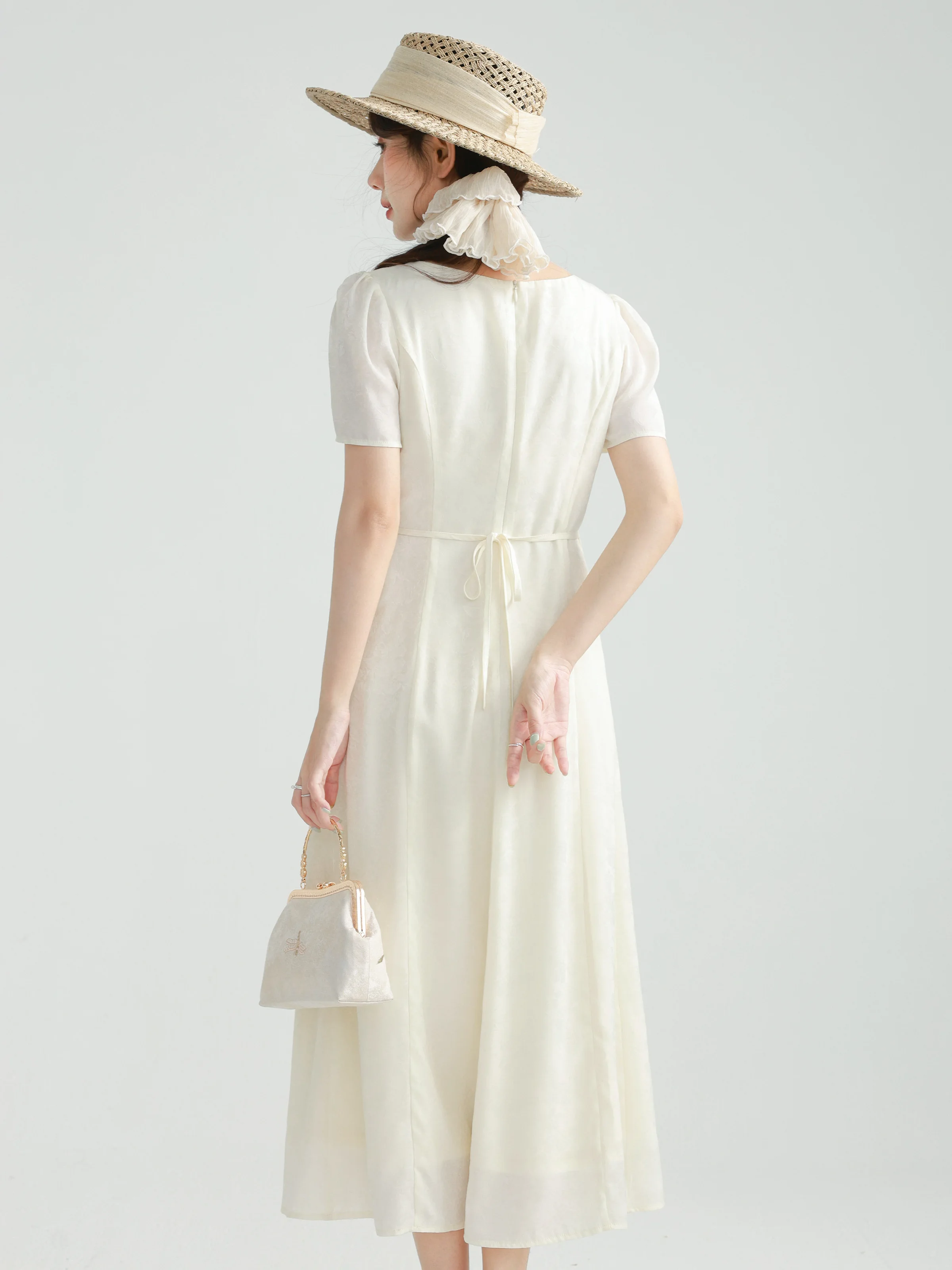 ชุดเดรสผ้าซาตินลายแจ็คการ์ด คอวี แขนสั้น เอวสูง ทรงเอ สไตล์ลำลอง สำหรับงานปาร์ตี้และงานกลางคืน