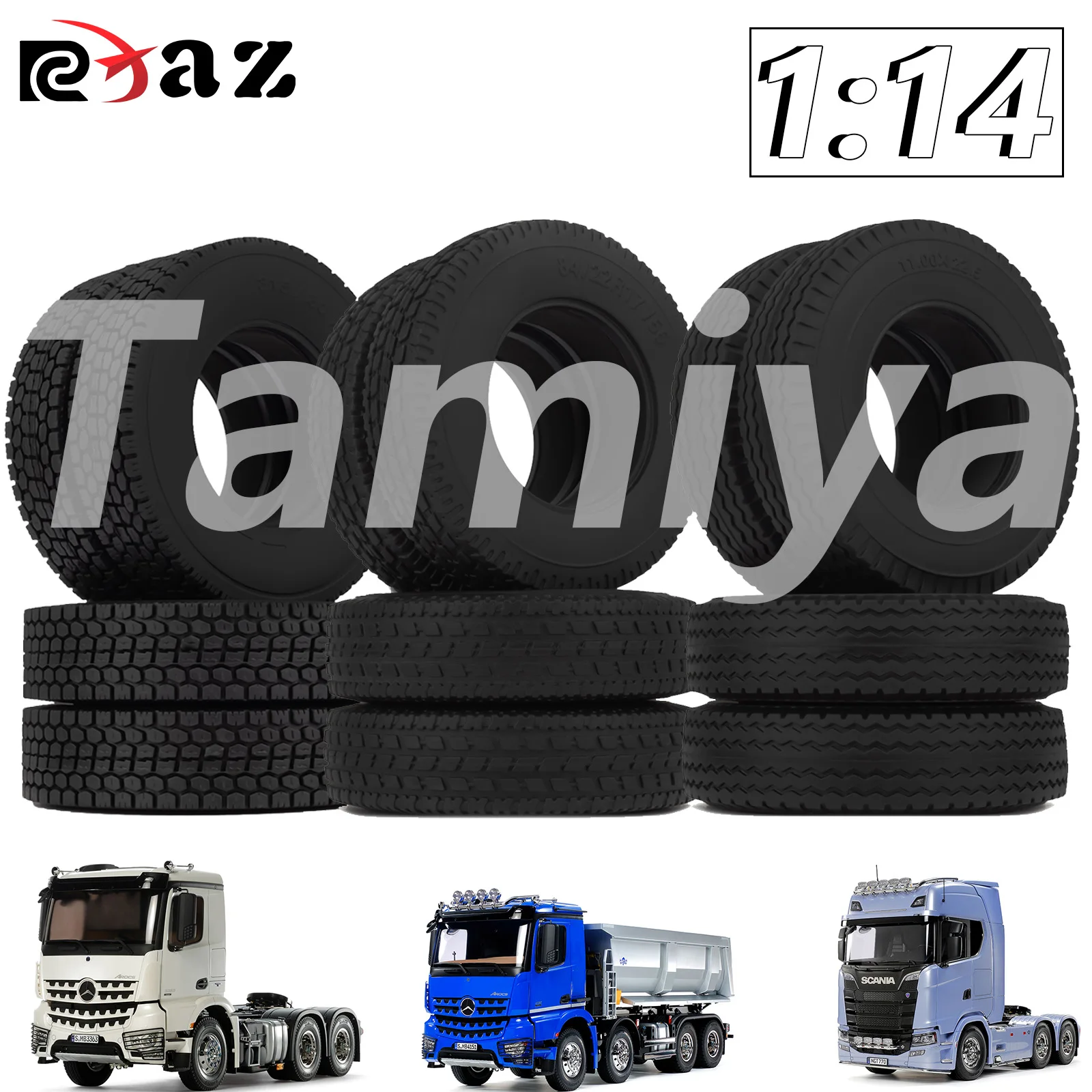 

RCXAZ 4 Piece Set of Rubber Tires for 1/14 Tamiya RC Truck Trailer Car Scania 770S BENZ 3363 VOLVO FH16 MAN DIY Upgrade Parts