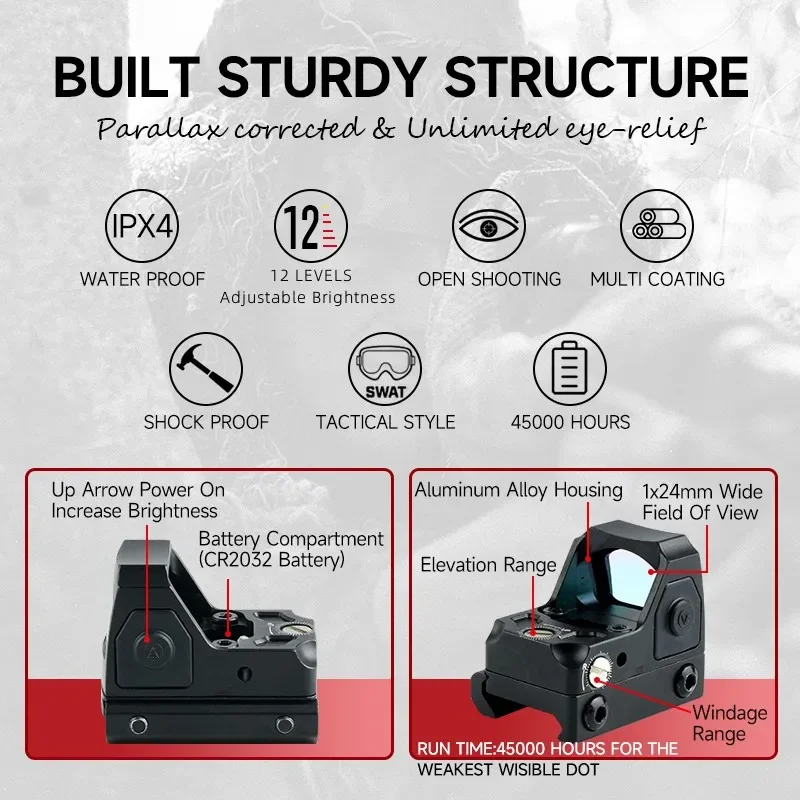 Red Dot Sight with Motion Sensor&Auto Shutdown Scope High-definition Red Dot Reflex Rifle Scope Fit Pistol Glock 17 AR15 9MM