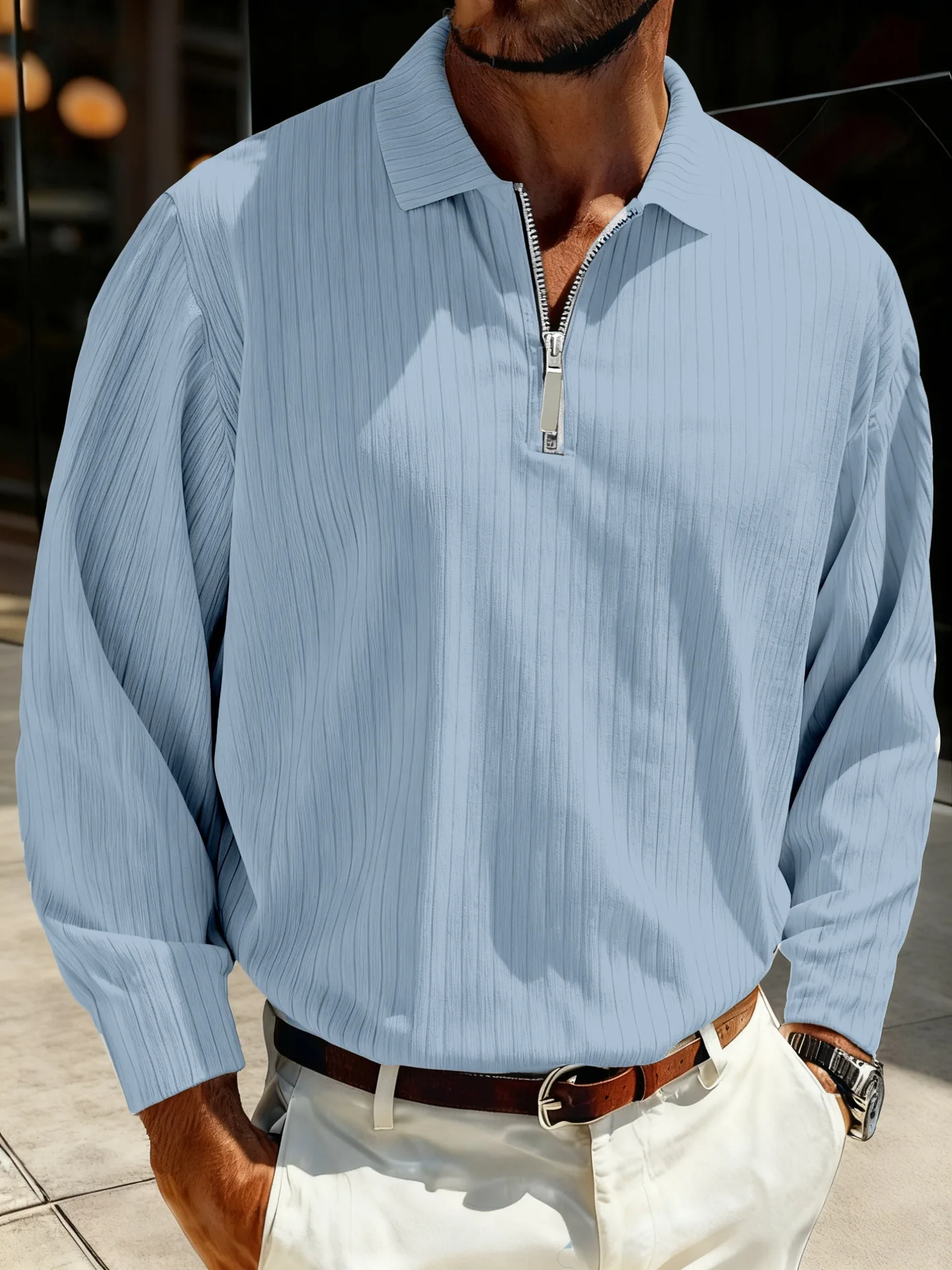 

Spring Autumn Men's Fashion Striped Zippered Collar Solid Color Polo Shirt Casual Multi-Complimenting Long-Sleeved T-shirt