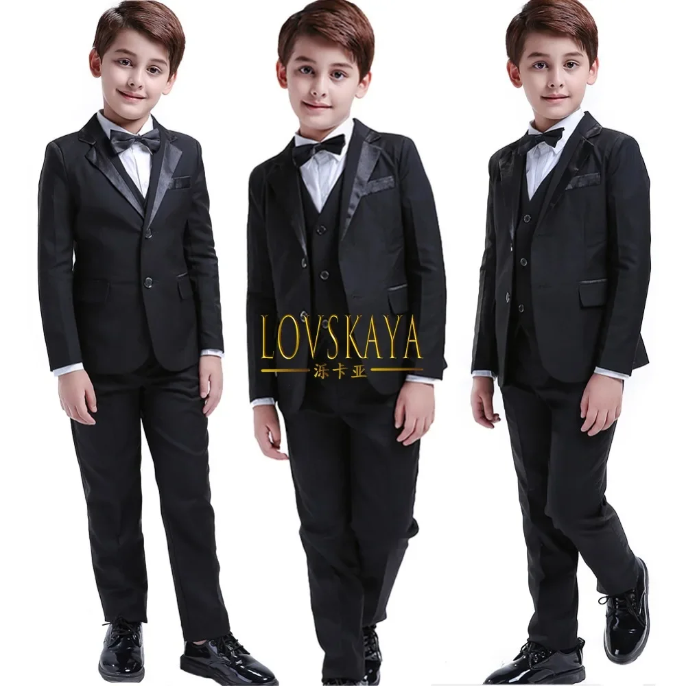 Traje de esmoquin negro para niños pequeños, traje Formal de boda para niños de 3 a 12 años, 5 piezas