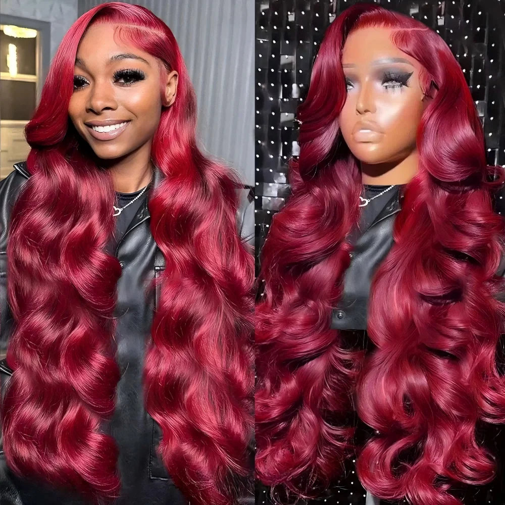 

36 Inch Body Wave Wig Burgundy 99J Lace Front Wig 13x4 13x6 HD Lace Frontal Wig Human Hair Pre Plucked 99j Red Colored Wig