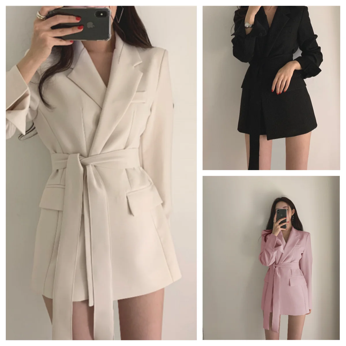 

2025 Spring Autumn Women's Elegant Blazer Belted Lapel Long Sleeve Lace Up Pocket High Street Casual All-Match Jacket Coat