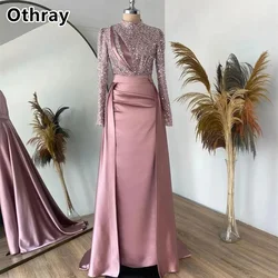 Othray Muslim Pink Glitter Evening Dresses Beades High Neck Long Sleeves Mermaid Women Formal Prom Gowns  vestidos de noche