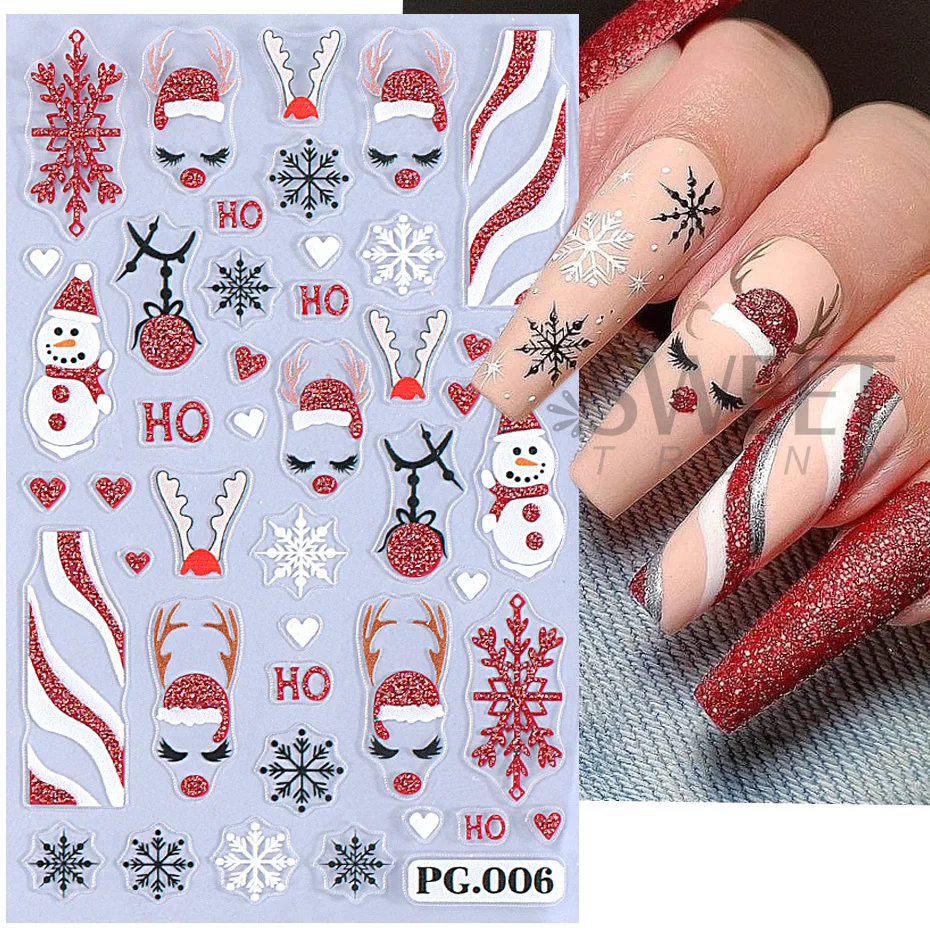 5D Red White Glitter Threaded Christmas Nail Stickers Snowflake Candy Cane Snowman Cookie Man French Plaid Sweater Winter Decor